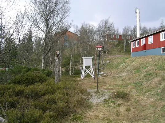 Klimatstationen i Grövelsjön som är placerad intill ett hus.