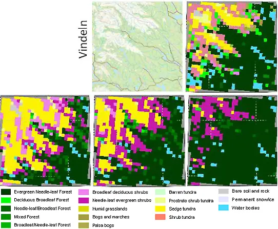 The official vector-based map from Lantmäteriet (top left) in the mountain area Vindeln, one of six analysed hotspots (4 mountain and 2 forest hotspots). Satellite-based (GLCE, top right) and simulated (bottom) vegetation composition for 1995-2004 (bottom left), mid 21st century (bottom, middle) and end of century (bottom, right) according to RCP8.5. The hotspot area is 90 × 90 km (30 × 30 gridcells).
