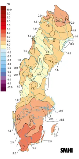 Karta som visar medeltemperaturens avvikelse från det normala under april 2018.