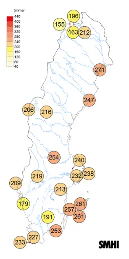 Karta med soltimmar under april 2018.