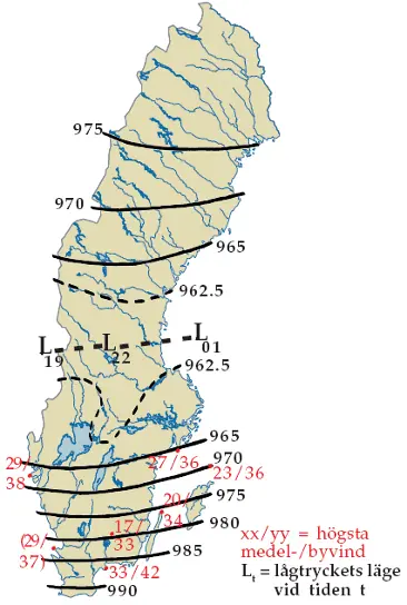 Linjerna visar det lägsta lufttrycket (hPa) under lågtryckspassagen den 8-9 januari.