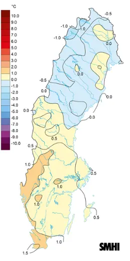 Karta över medeltemperaturens avvikelse från den normala, vintern 2022.