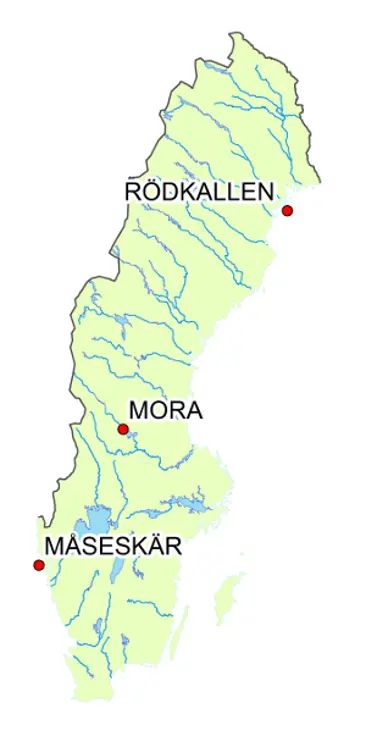 Karta som visar mätstationerna: Rödkallen, Mora och Måseskär.