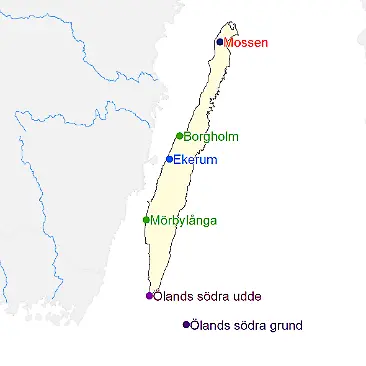 Karta över platser där väderextremer för Öland har uppmätts.
