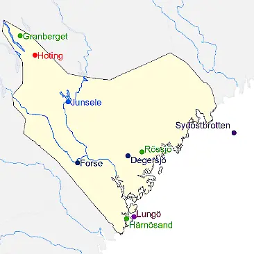 Karta över platser där väderextremer för Ångermanland har uppmätts.