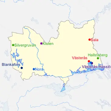 Karta över platser där väderextremer för Västmanland har uppmätts.