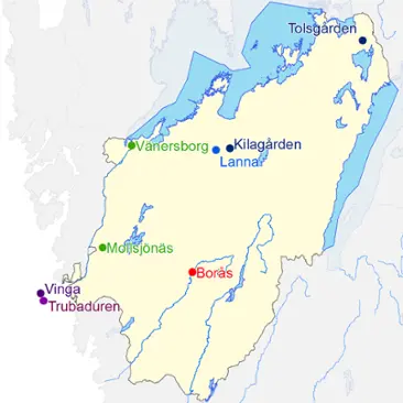 Karta över platser där väderextremer för Västergötland har uppmätts.