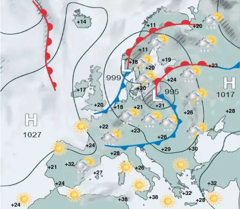Översiktskarta till onsdag 8 juli 2009, klockan 14. ett lågtryck fördjupas över Polen.