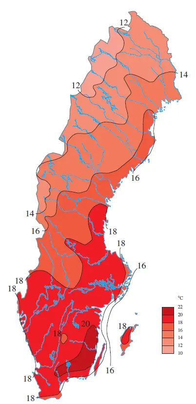 Kartan visar vilken temperatur som bör uppnås vid brittsommar.