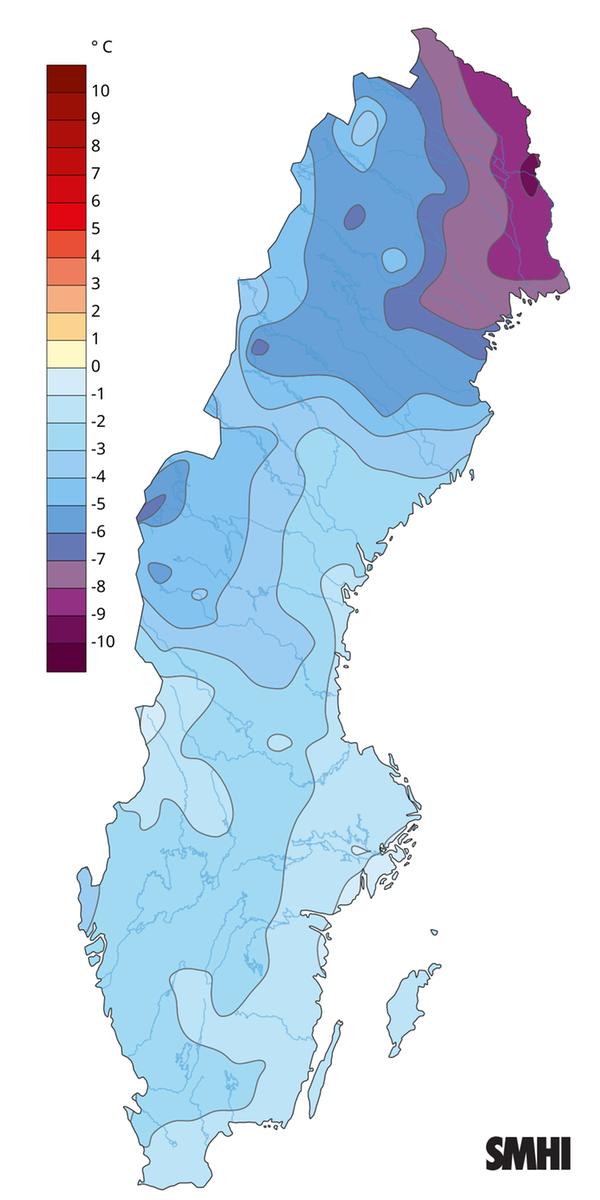 Medeltemperaturens avvikelse från den normala under januari 2026. Normalperiod 1991-2020.