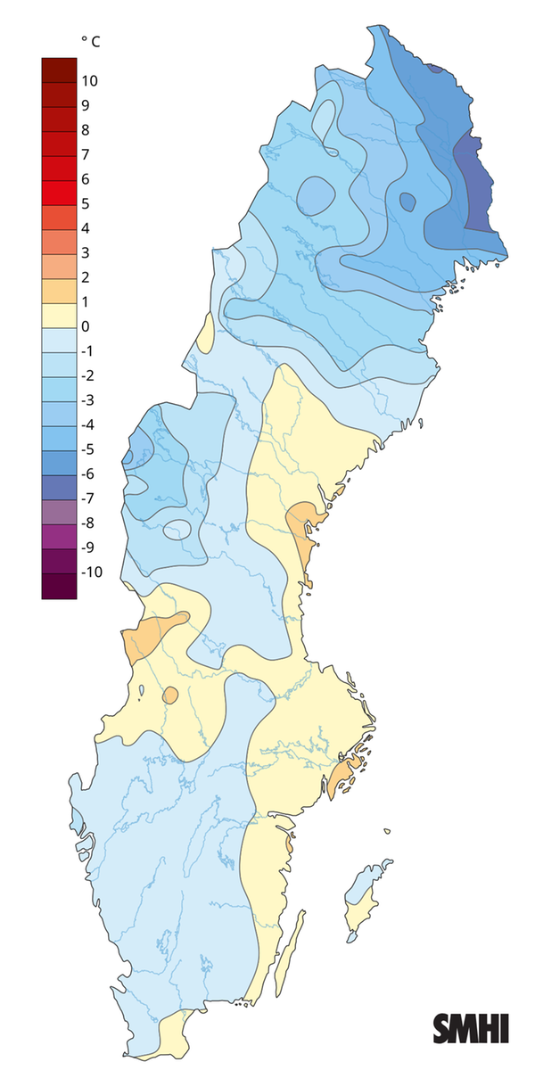 Medeltemperaturens avvikelse från den normala under januari 2026. Referensnormalperiod 1961-1990.