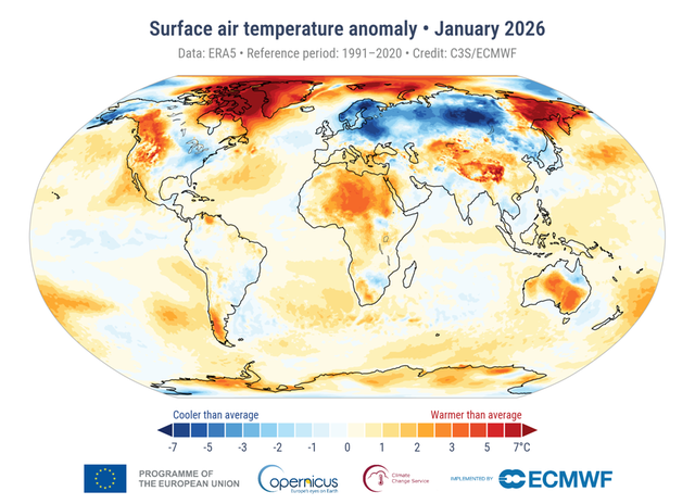 Medeltemperaturens avvikelse från normalperioden 1991-2020 för januari 2026.