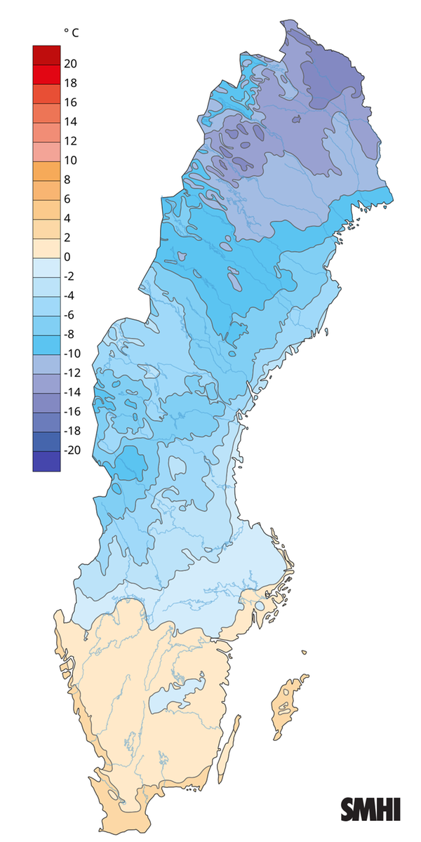 Medeltemperaturens avvikelse från normalperioden 1991-2020 för december 2024.
