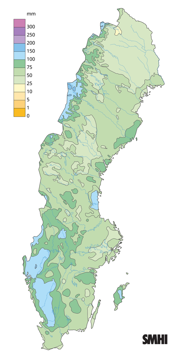 Nederbörden i procent av normalperioden 1991-2020 för december 2024.