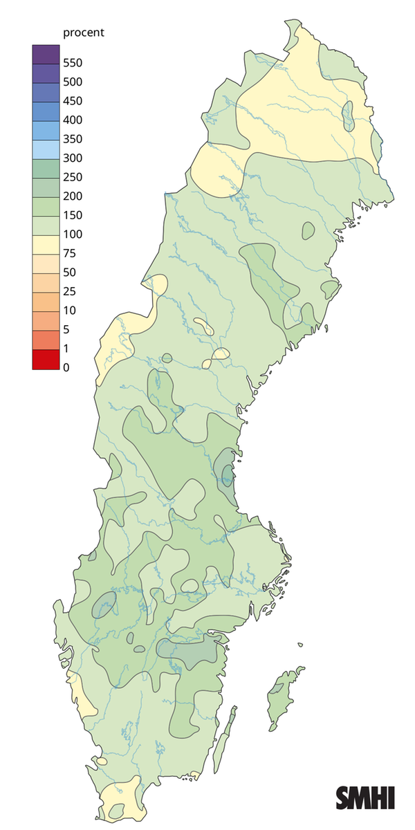 Nederbörden i procent av normalperioden 1991-2020 för december 2024.