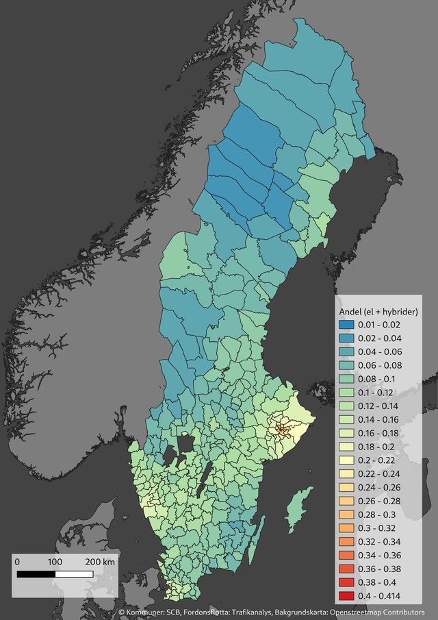 Karta över Sverige med andel elbilar per kommun baserat på data ifrån Trafikanalys