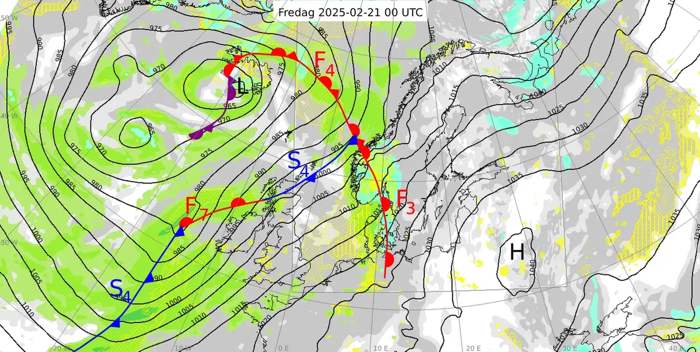 Karta över Nordeuropa med analys av väderläget den 21 februari 2025.