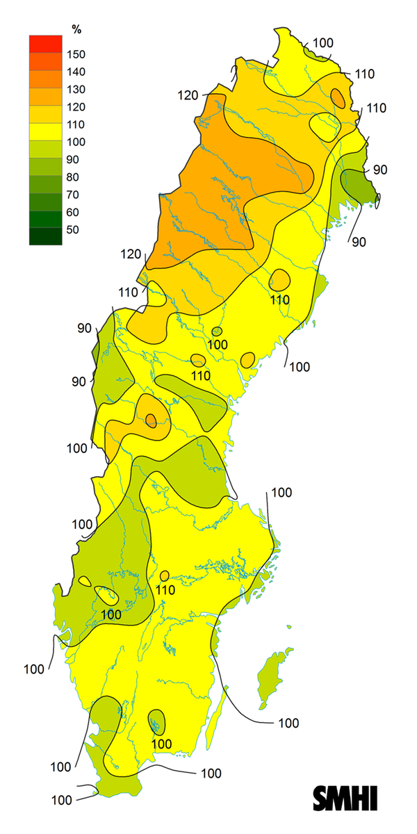 Nederbörden i procent av normalperioden 1991-2020 för december 2024.