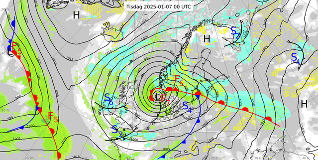 Analys av väderläget klockan 01 den 7 januari 2025.