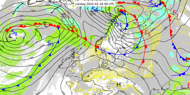 Analys av väderläget klockan 01 lördagen den 18 januari 2025.
