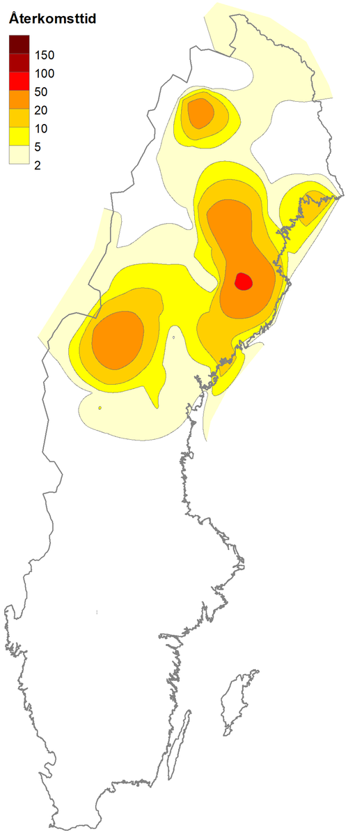 Återkomsttiden i antal år för högsta uppmätta byvind den 17-18 januari 2025.