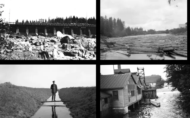 Bilder från tidigt 1900-tal, dike, torrlagd fors, industri och timmer.
