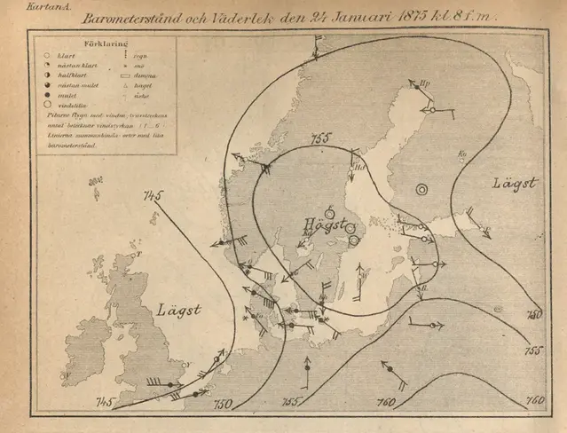 Karta som visar väderläget i Skandinavien den 24 januari 1875.