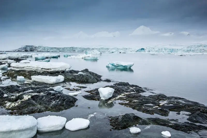 Isflak i öppet vatten med Spetsbergen i bakgrunden.