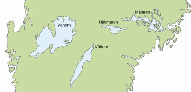Karta som visar del av Sverige med Sveriges fyra största sjöar Vättern, Vänern, Mälaren och Hjälmaren utmarkerade.