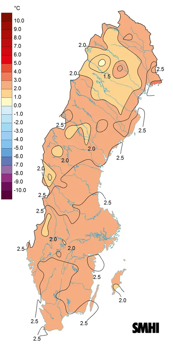 Karta över medeltemperaturens avvikelse från den normala, vintern 2016.