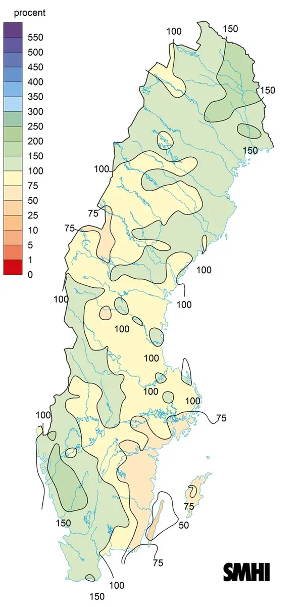 Karta över nederbörden i procent av det normala under vintern 2016.