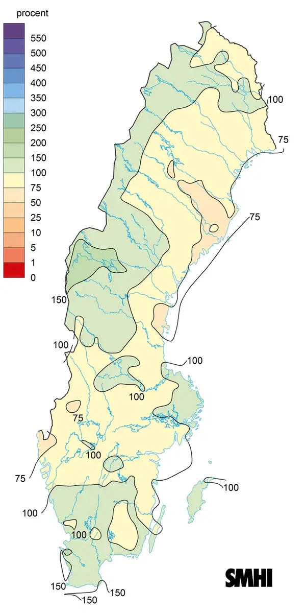 karta över nederbörden i procent av det normala under vintern 2022.