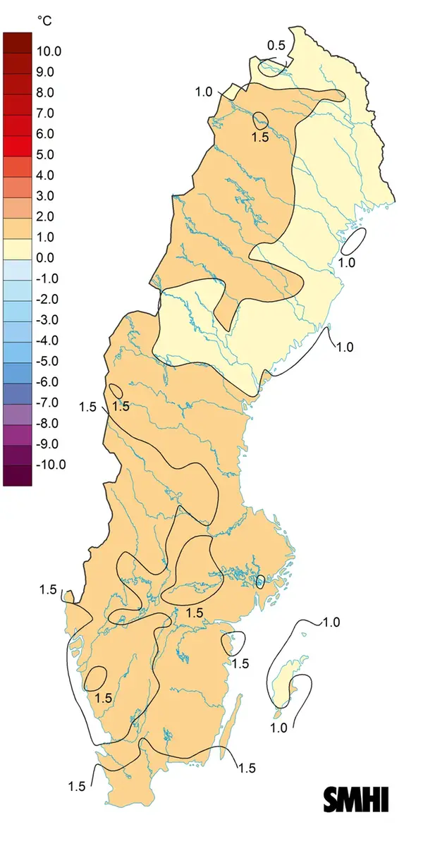 Medeltemperaturens avvikelse från den normala, hösten 2022 (normalperiod 1991-2020).