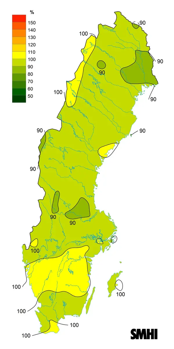 Karta över byvindens avvikelse från det normala (1996-2015) under sommaren 2023.