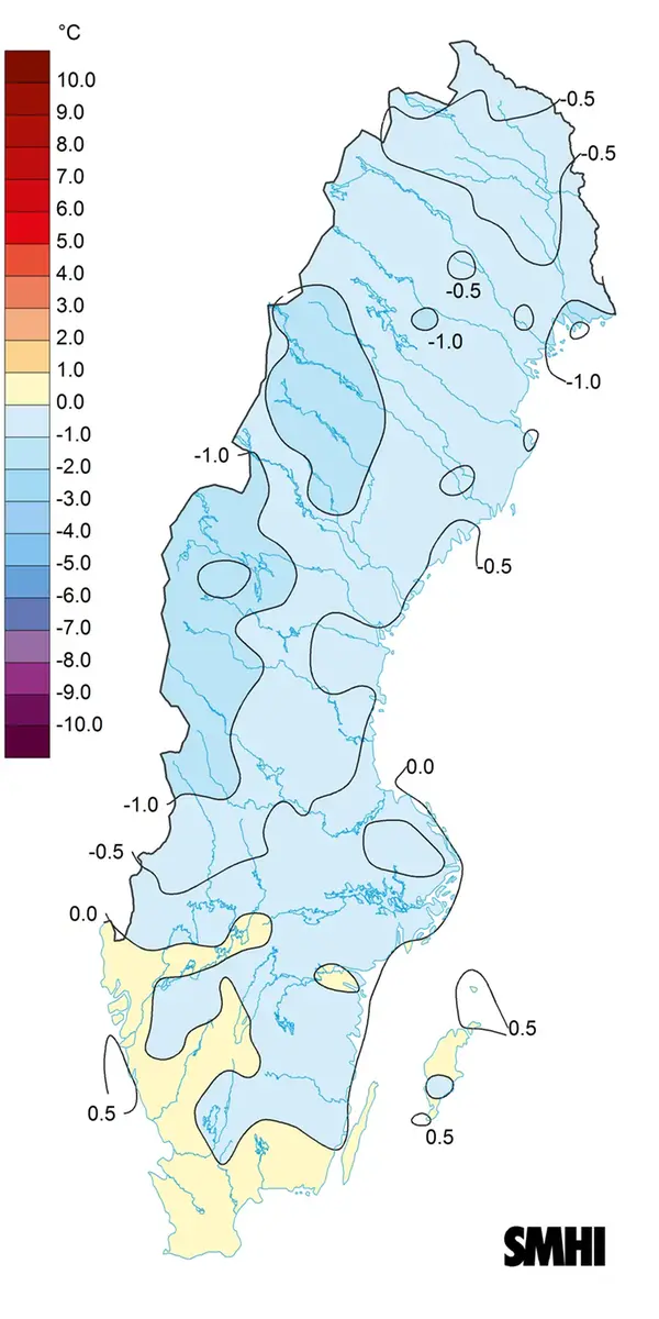 Karta över medeltemperaturens avvikelse från den normala, våren 2023.