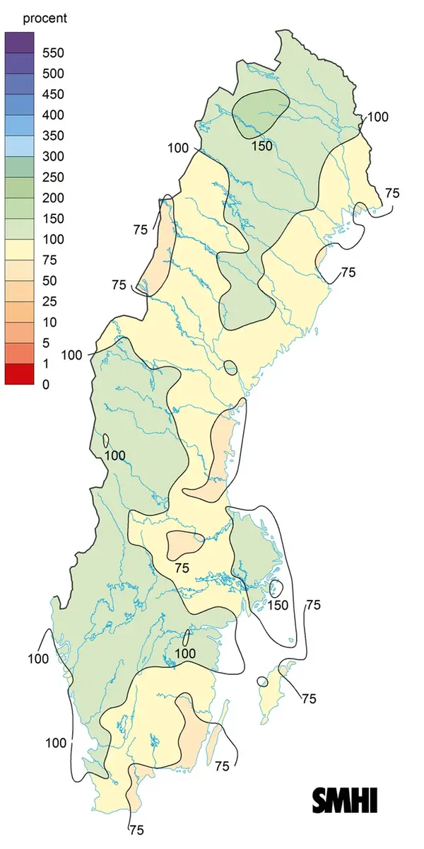 Karta över nederbörden i procent av det normala under våren 2023.