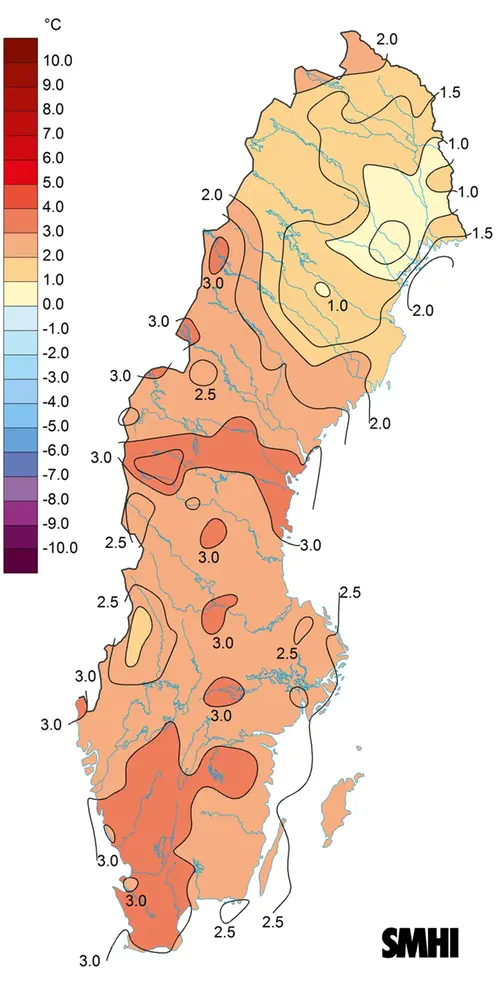Karta över medeltemperaturens avvikelse från den normala, vintern 2019.