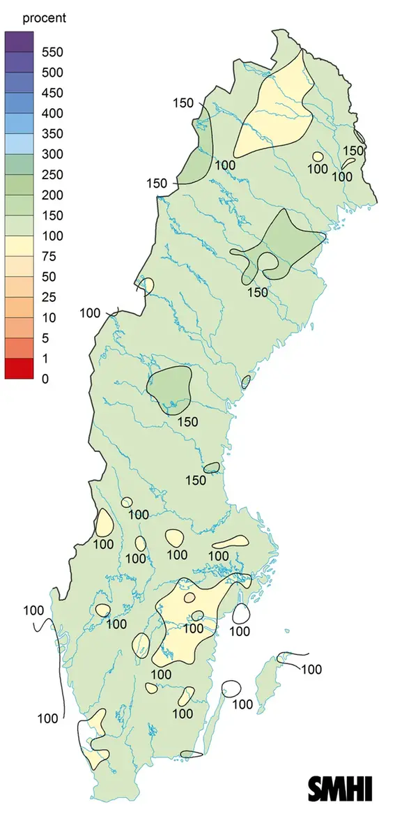 Karta över nederbörden i procent av det normala under vintern 2019.