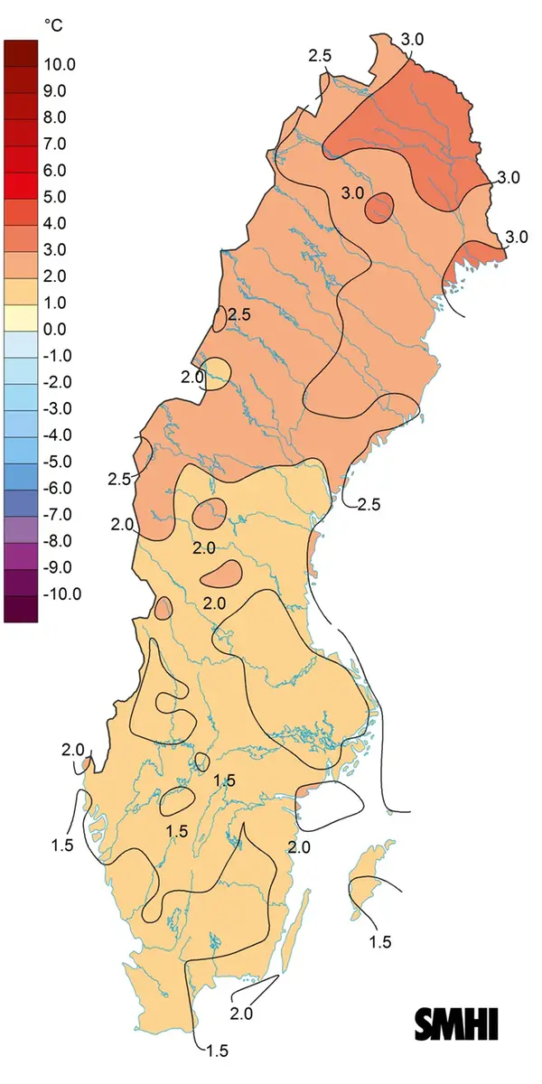 Karta över medeltemperaturens avvikelse från det normala under hösten 2015.
