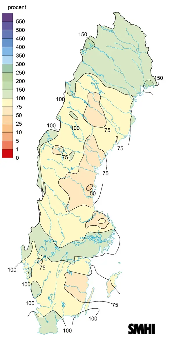 Karta över nederbörd i procent av den normala, hösten 2015.