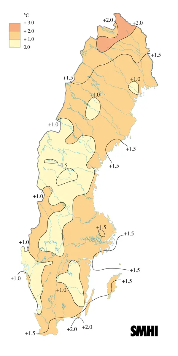 Karta över medeltemperaturens avvikelse från det normala under sommaren 2013.