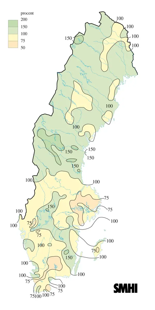 Karta över nederbörd i procent av det normala under sommaren 2013.