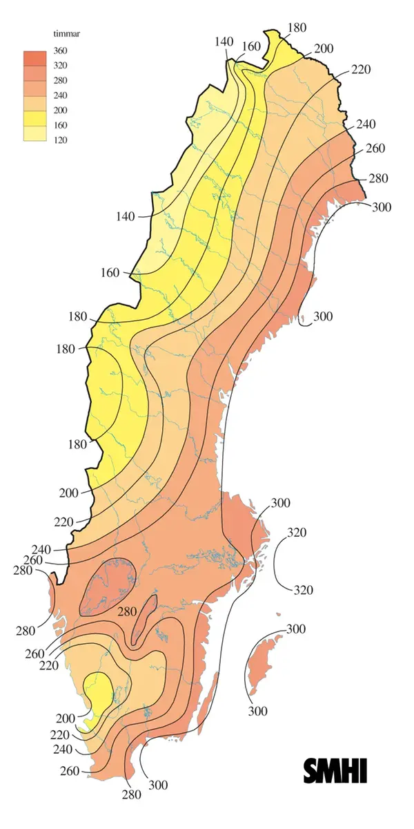 Karta med soltimmar under augusti 2013.