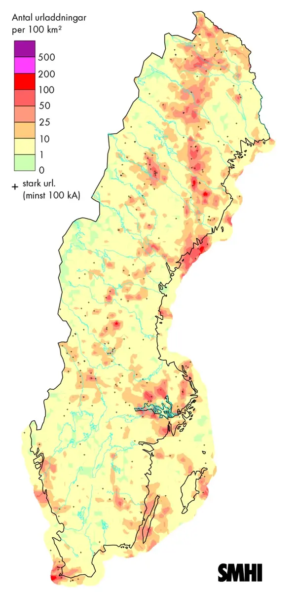 Karta över blixturladdningar i juni 2013.