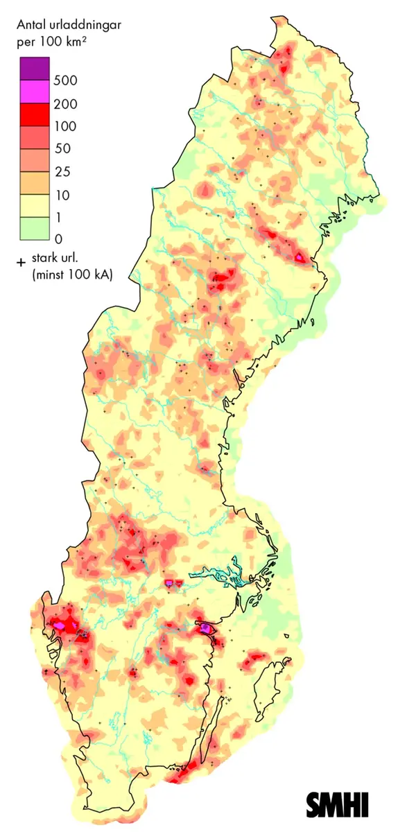 Karta över blixturladdningar i juli 2013.