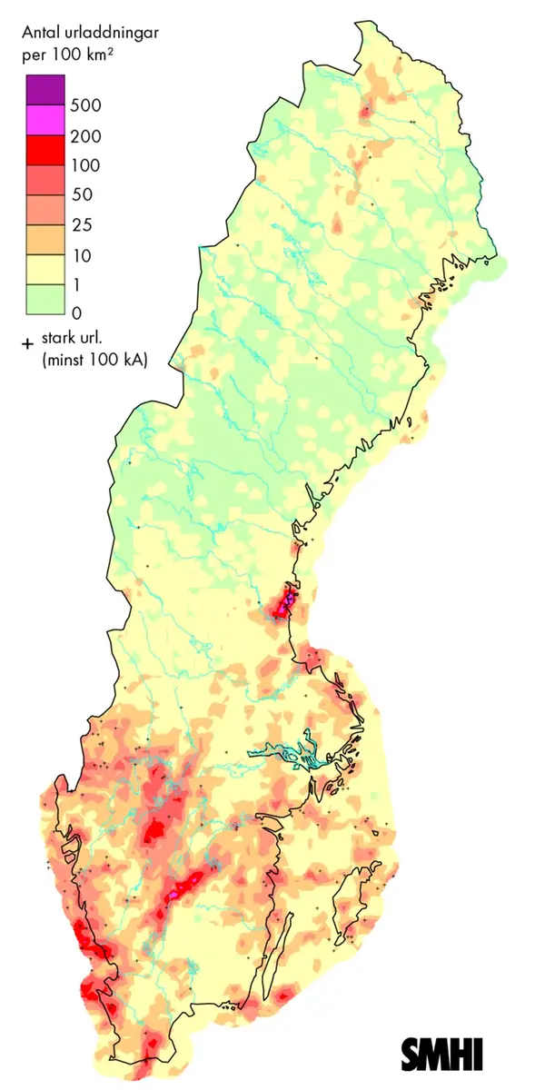 Karta över blixturladdningar i augusti 2013.