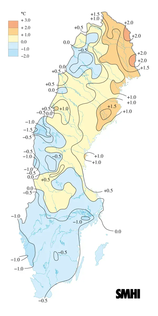 Karta över medeltemperaturens avvikelse från det normala under vintern 2013.