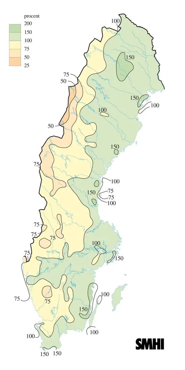 Karta över nederbörd i procent av det normala under vintern 2013.