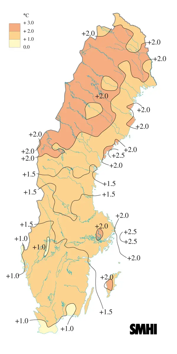 Karta över medeltemperaturens avvikelse från det normala under sommaren 2011.