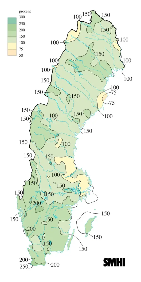 Karta över nederbörd i procent av det normala under sommaren 2011.